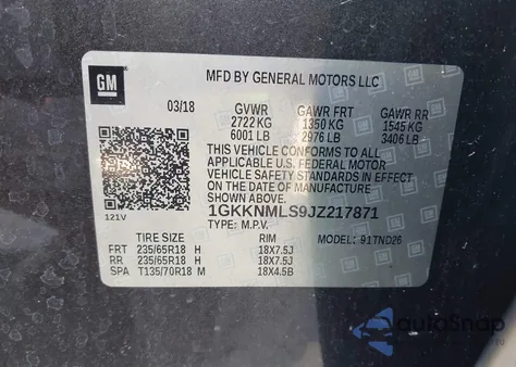 2018 GMC Acadia Slt-1 из США, поврежденный, VIN 1GKKNMLS9JZ217871